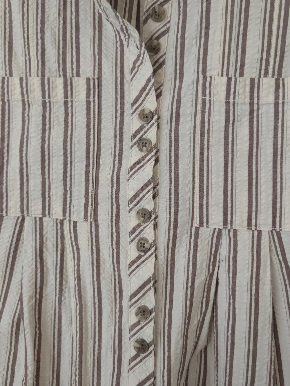 Sleeveless Striped Button-Front Cotton Romper in Beige and Brown S